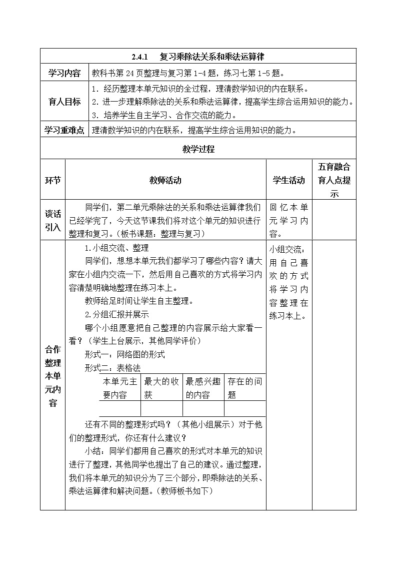西师版四年级下册数学《2.4.1   复习乘除法关系和乘法运算律 》表格式教案01