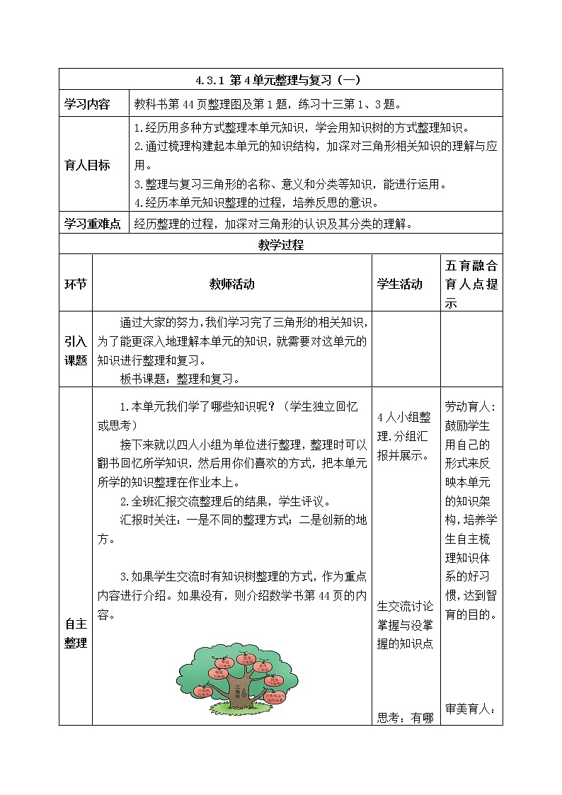 西师版四年级下册数学《4.3.1 第4单元整理与复习（一）》表格式教案第1页