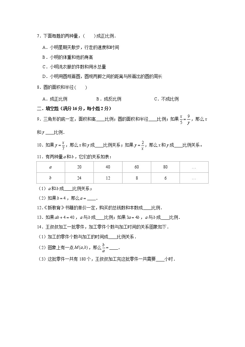 北师大版六下第四单元正比例和反比例单元题六（word版，含答案）02