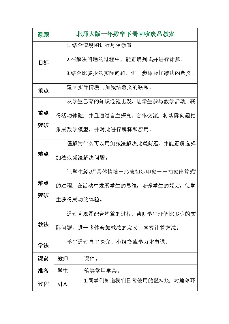 北师大版一年数学下册回收废品教案第1页