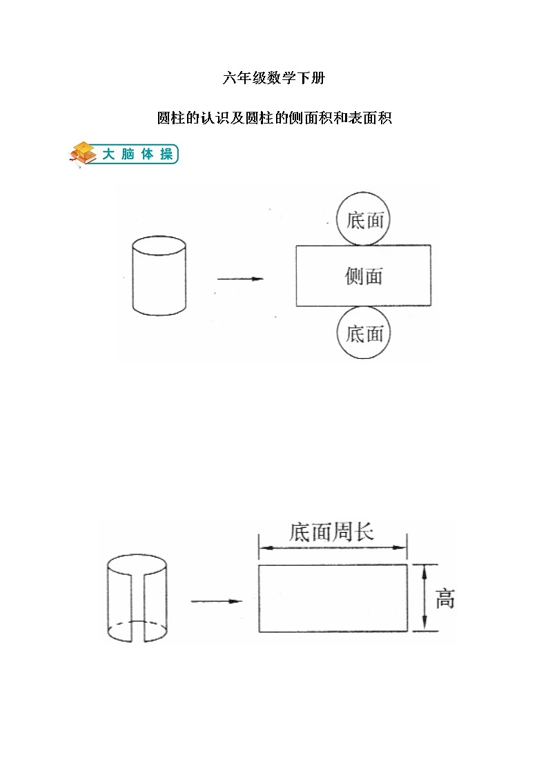 六年级下册数学试题-圆柱的认识及圆柱的侧面积和表面积（无答案）人教版学案01