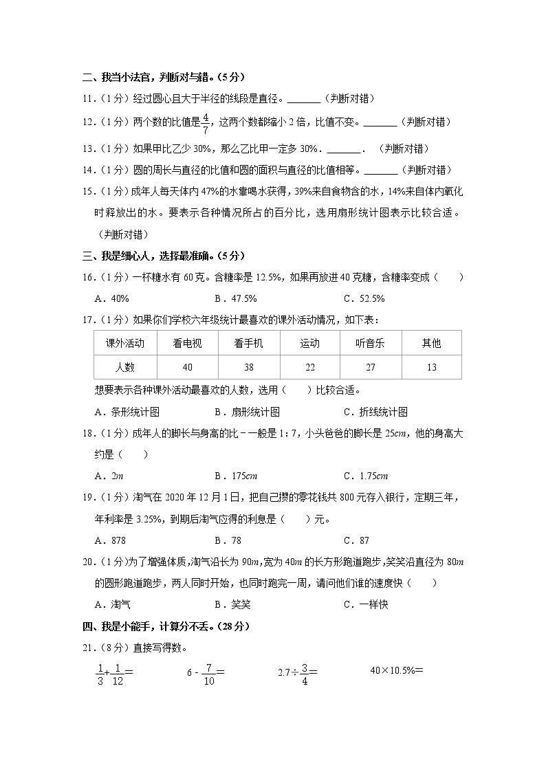 2020-2021学年安徽省六安市霍邱县六年级（上）期末数学试卷第2页