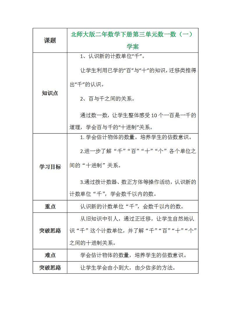 北师大版二年数学下册第三单元数一数（一）学案第1页