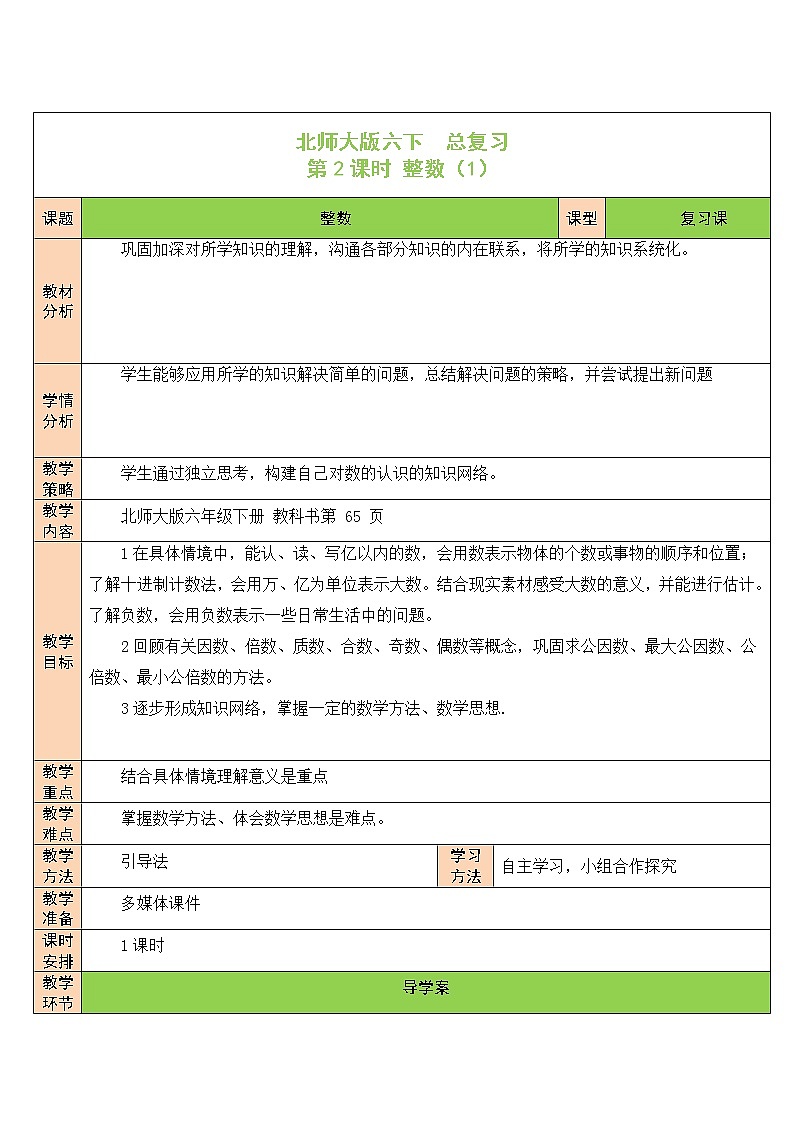 北师大版 6年级下册数学 总复习数与代数第1节数的认识第2课时 整数(1)（表格式教案）第1页