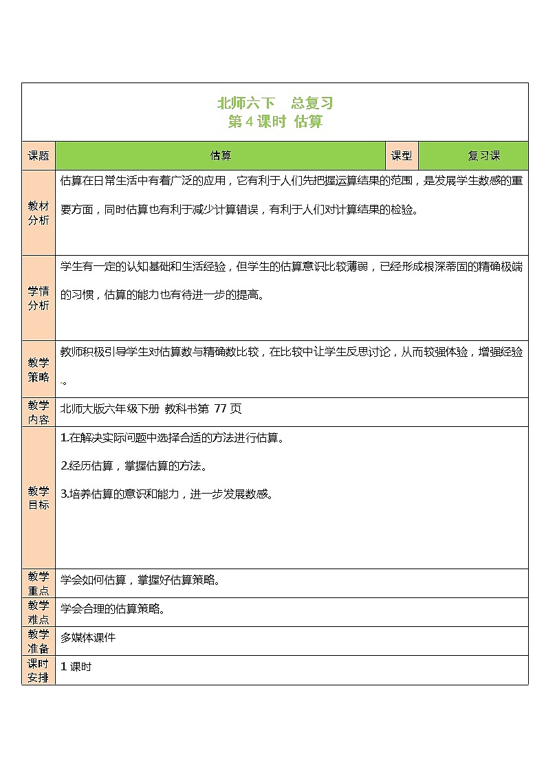 北师大版 6年级下册数学 总复习数与代数第2节数的运算第4课时 估算 （表格式教案）第1页
