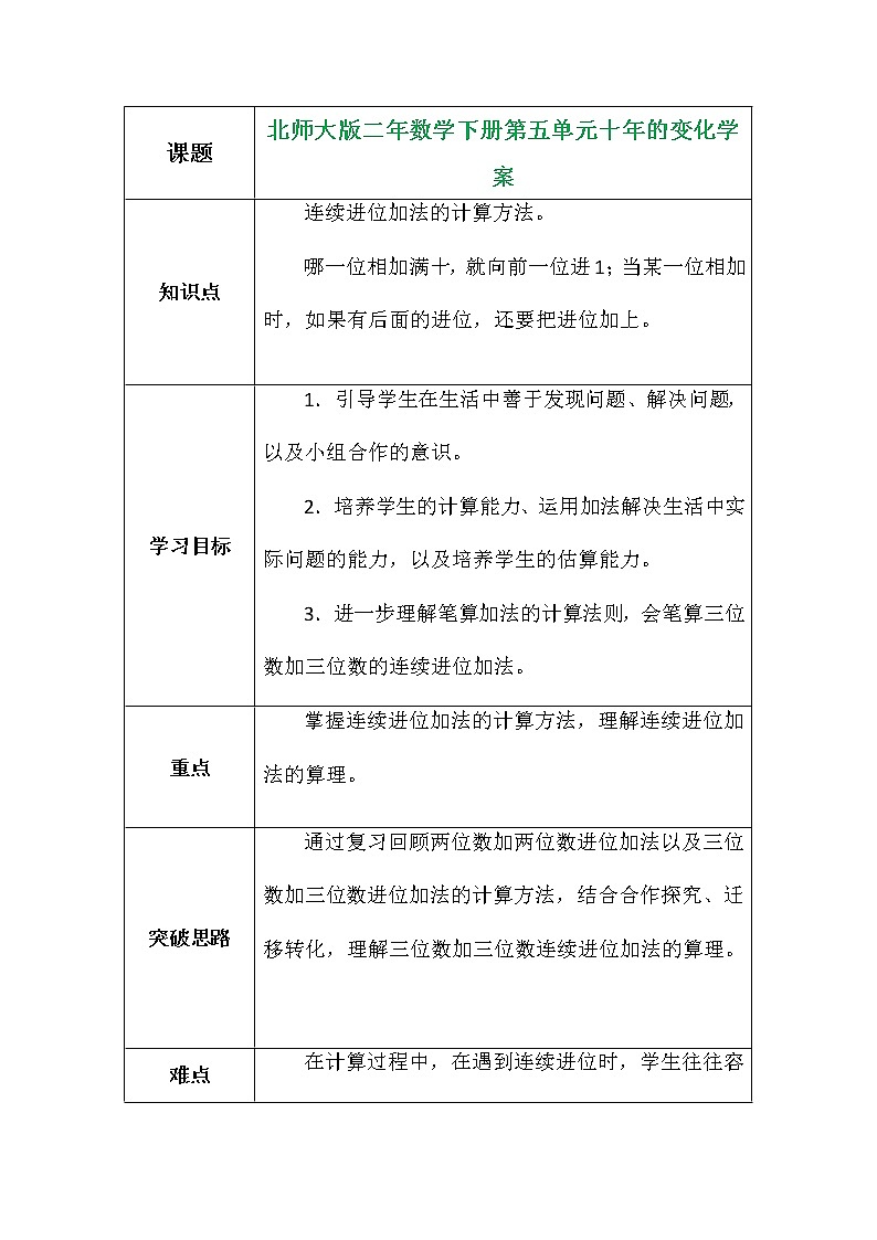 北师大版二年数学下册第五单元十年的变化学案第1页