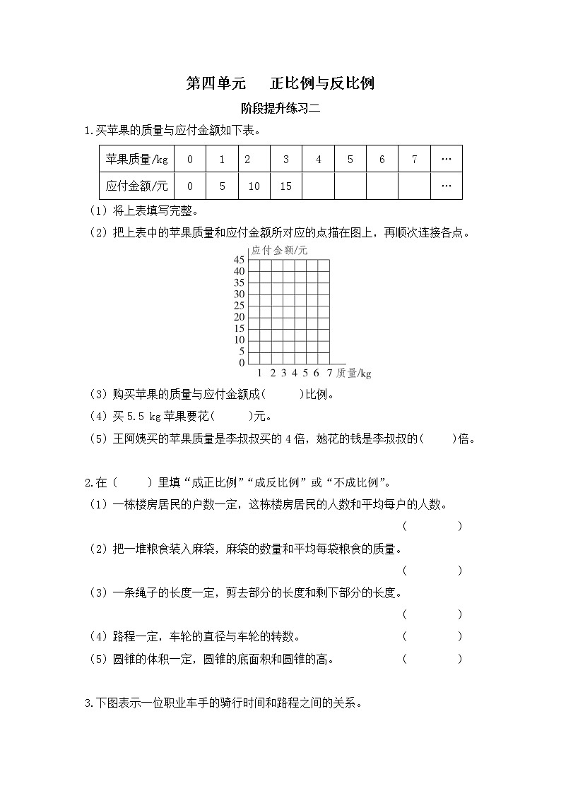 【课时练】北师大版 六年级数学下册 第四单元 正比例与反比例-阶段提升练习二第1页