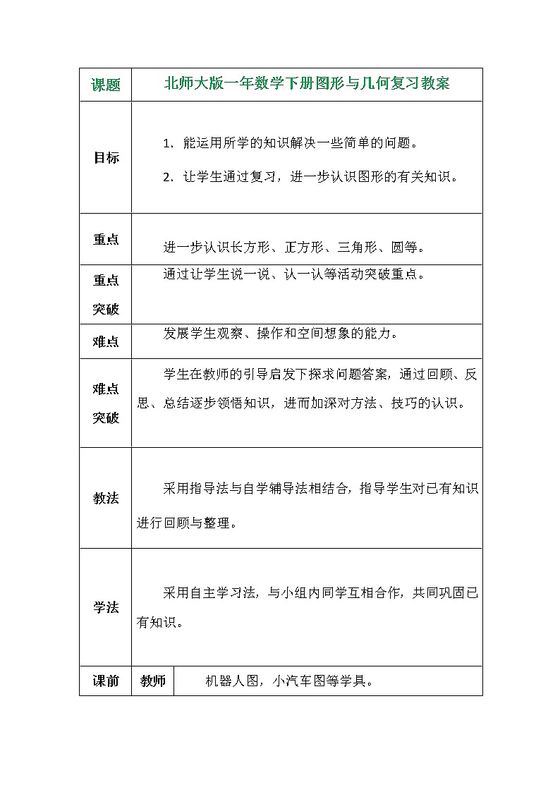 北师大版一年数学下册图形与几何复习教案01