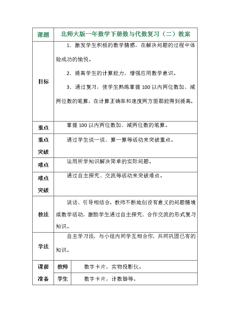 北师大版一年数学下册数与代数复习（二）教案第1页