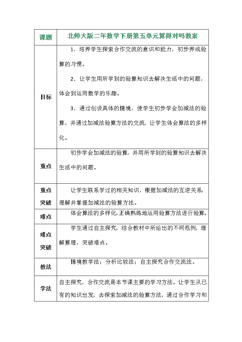 北师大版二年数学下册第五单元算得对吗教案第1页