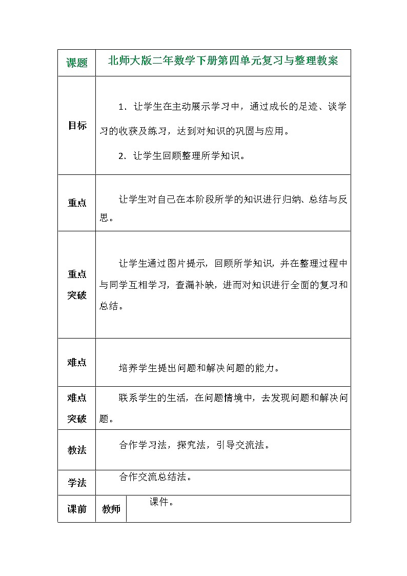 北师大版二年数学下册第四单元复习与整理教案第1页