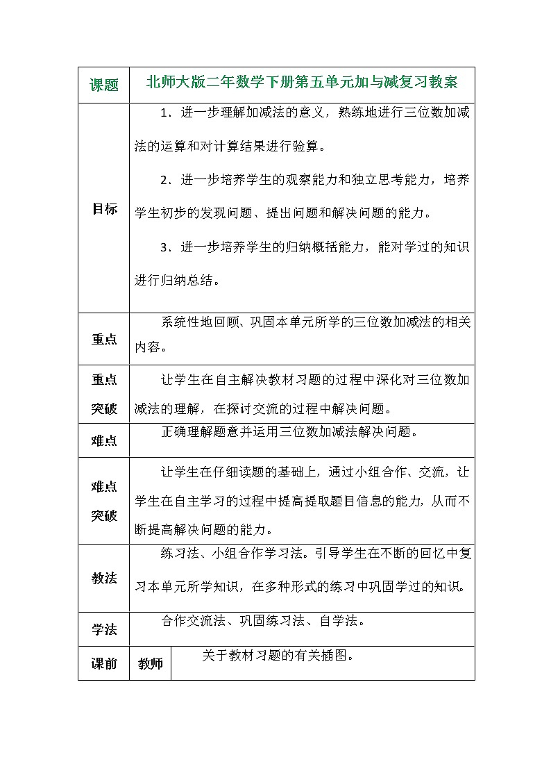 北师大版二年数学下册第五单元加与减复习教案第1页