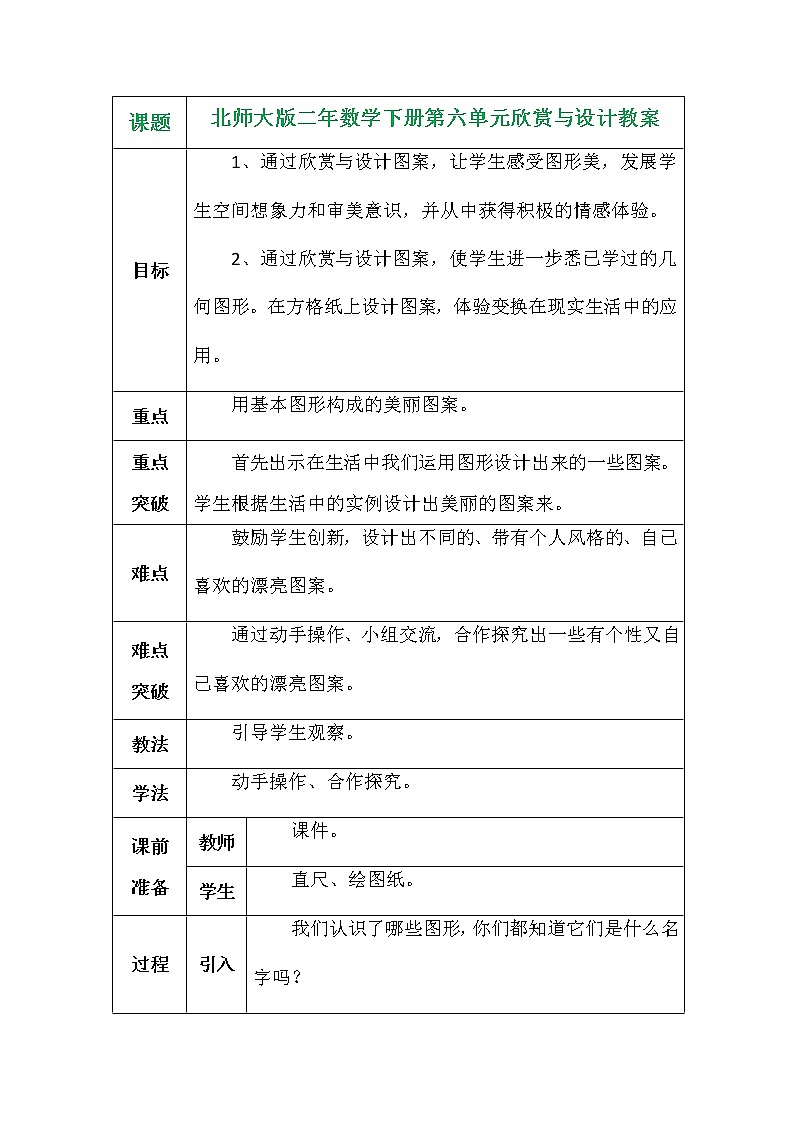 北师大版二年数学下册第六单元欣赏与设计教案第1页
