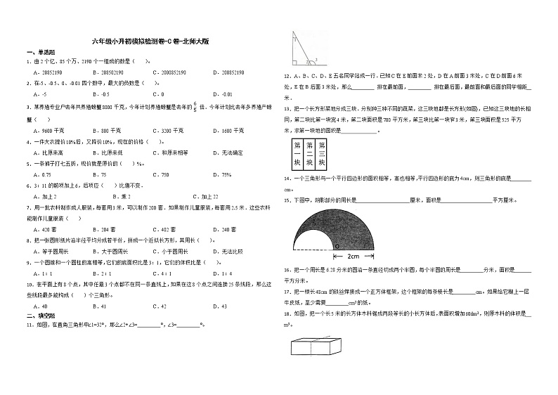 2021-2022学年数学六年级下册小升初模拟检测卷-C卷-北师大版（含答案）01