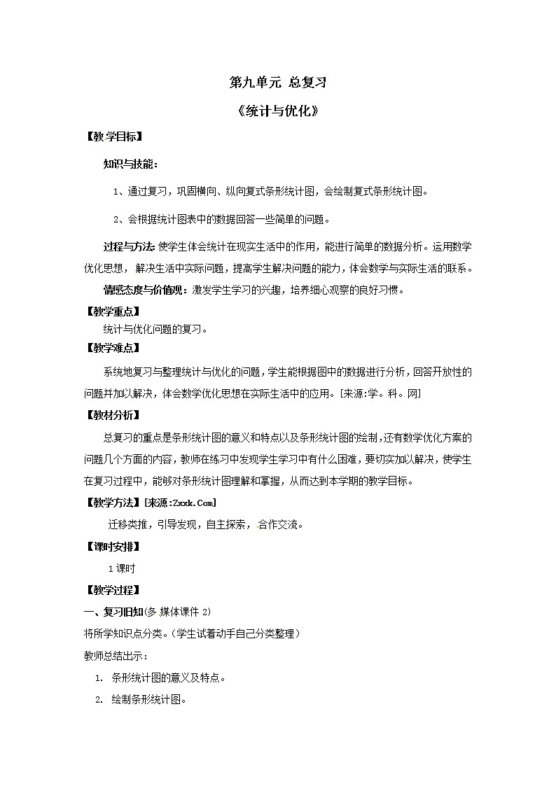四年级上册数学教案  总复习《统计与优化》人教版第1页