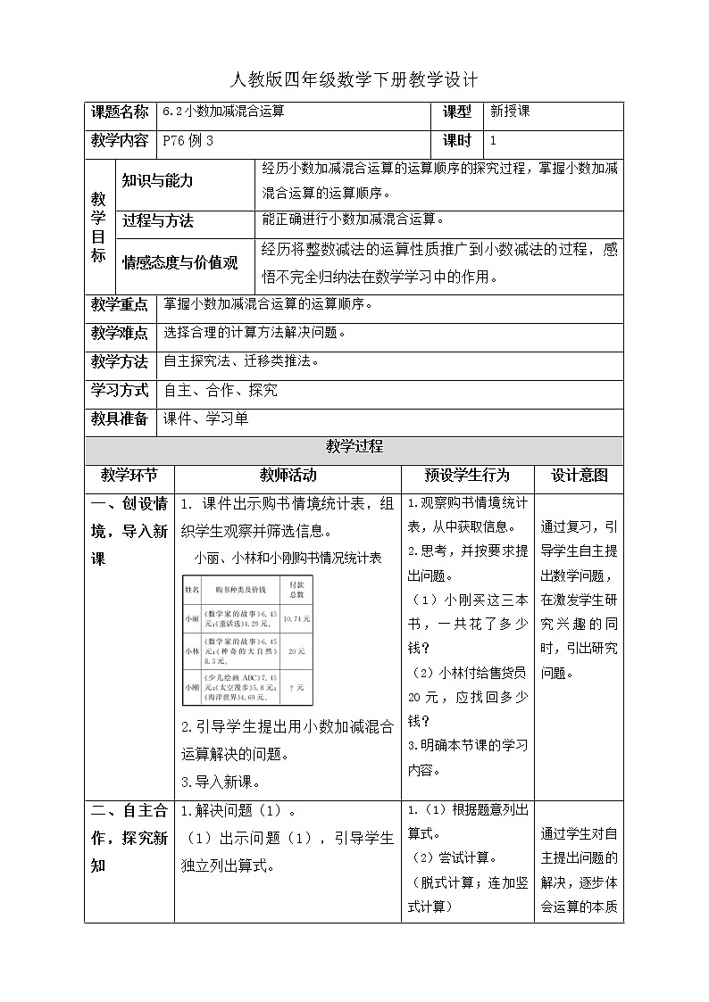 人教版四年级数学下册6.2小数加减混合运算（课件+教案+习题+说课稿）01