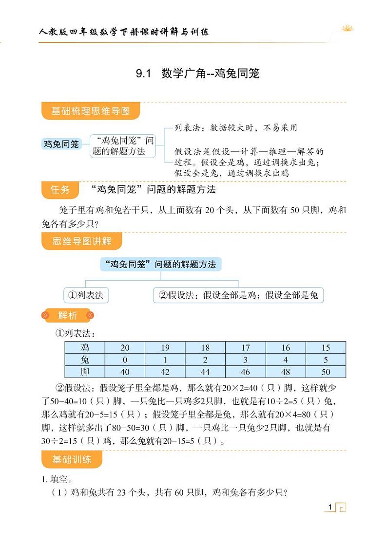 人教版四年级数学下册9.1数学广角-鸡兔同笼（课件+教案+习题+说课稿）01