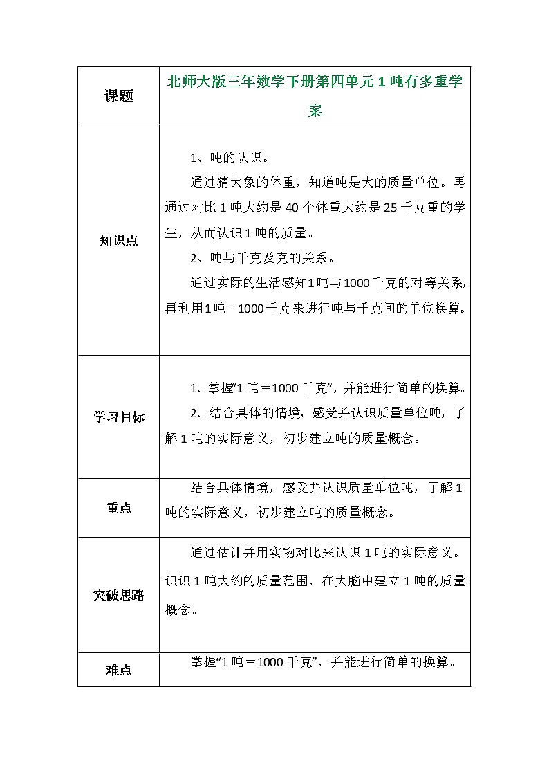 北师大版三年数学下册第四单元1吨有多重学案01