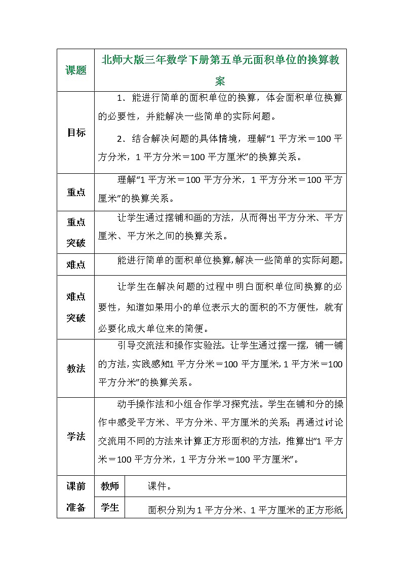 北师大版三年数学下册第五单元面积单位的换算教案第1页