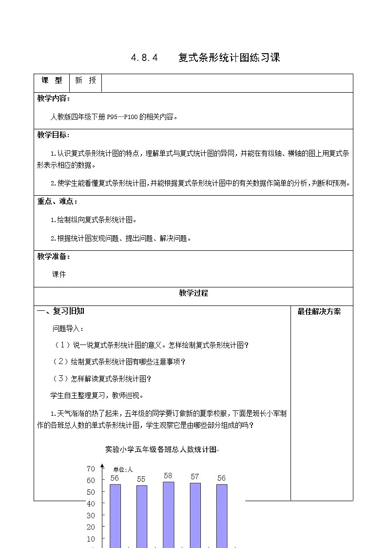 四下4.8.4 复式条形统计图练习【教案】第1页