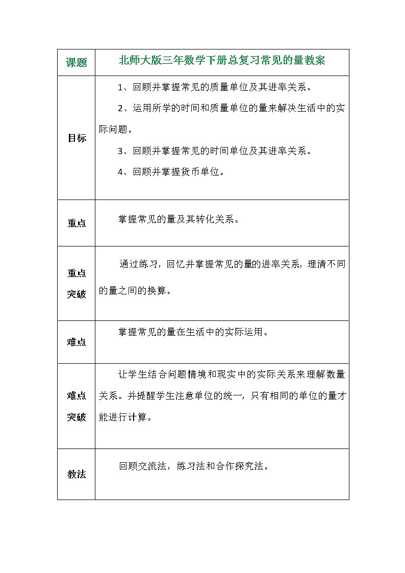 北师大版三年数学下册总复习常见的量教案01