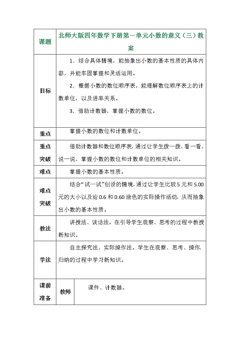北师大版四年数学下册第一单元小数的意义（三）教案第1页
