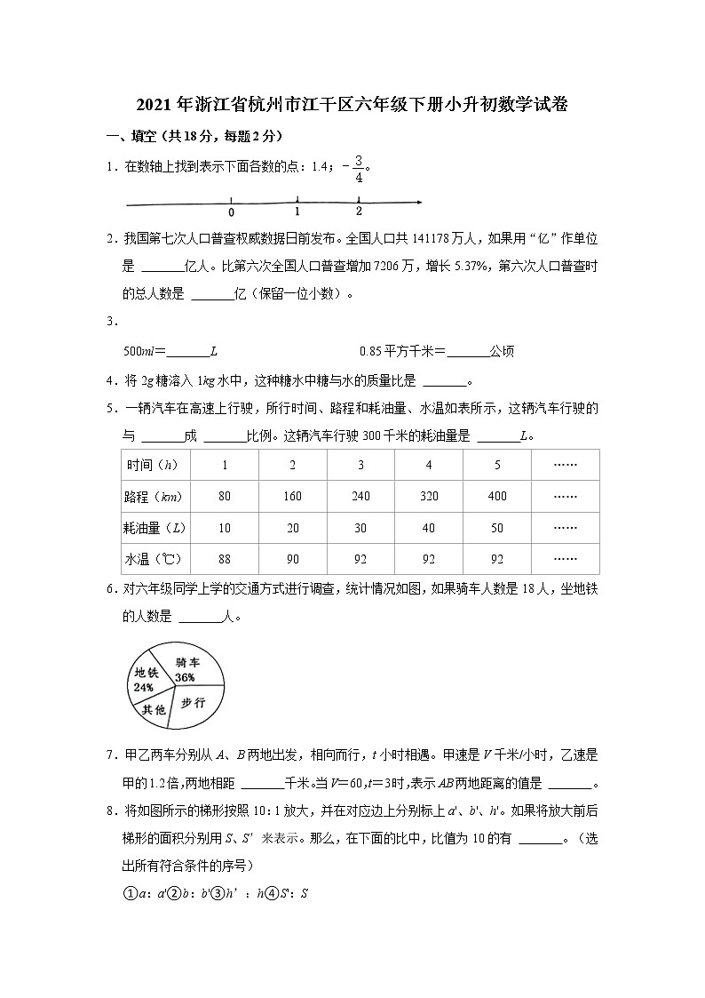 2021年浙江省杭州市江干区六年级下册小升初数学试卷   word，含解析01