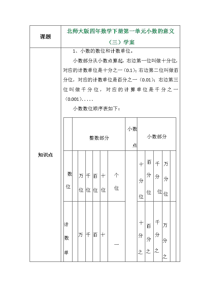 北师大版四年数学下册第一单元小数的意义（三）学案01