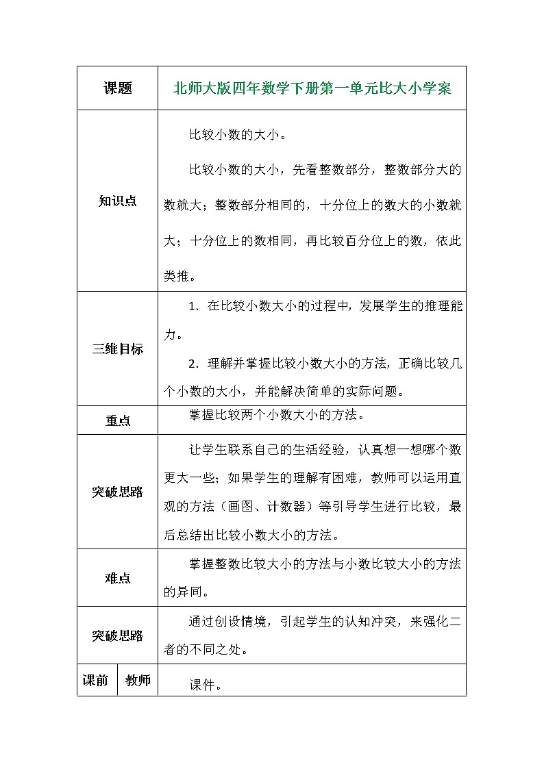 北师大版四年数学下册第一单元比大小学案01