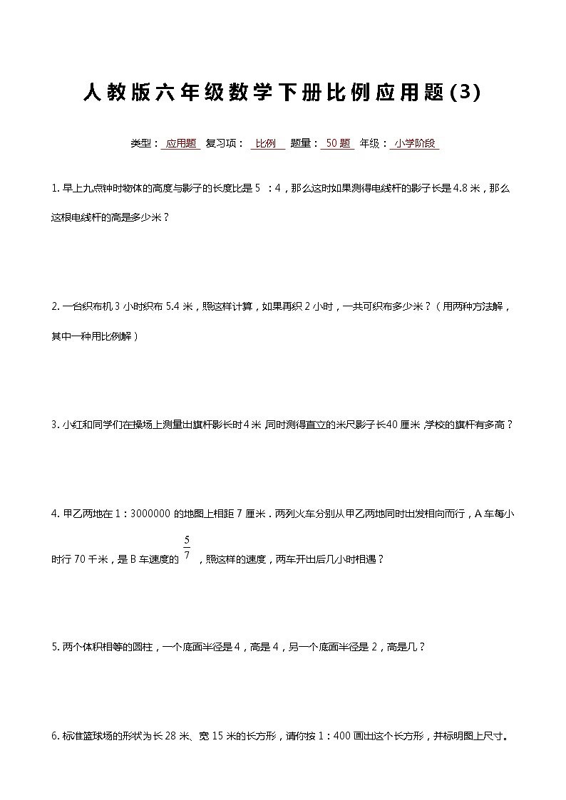 人教版六年级数学下册比例专项复习常考应用题3第1页