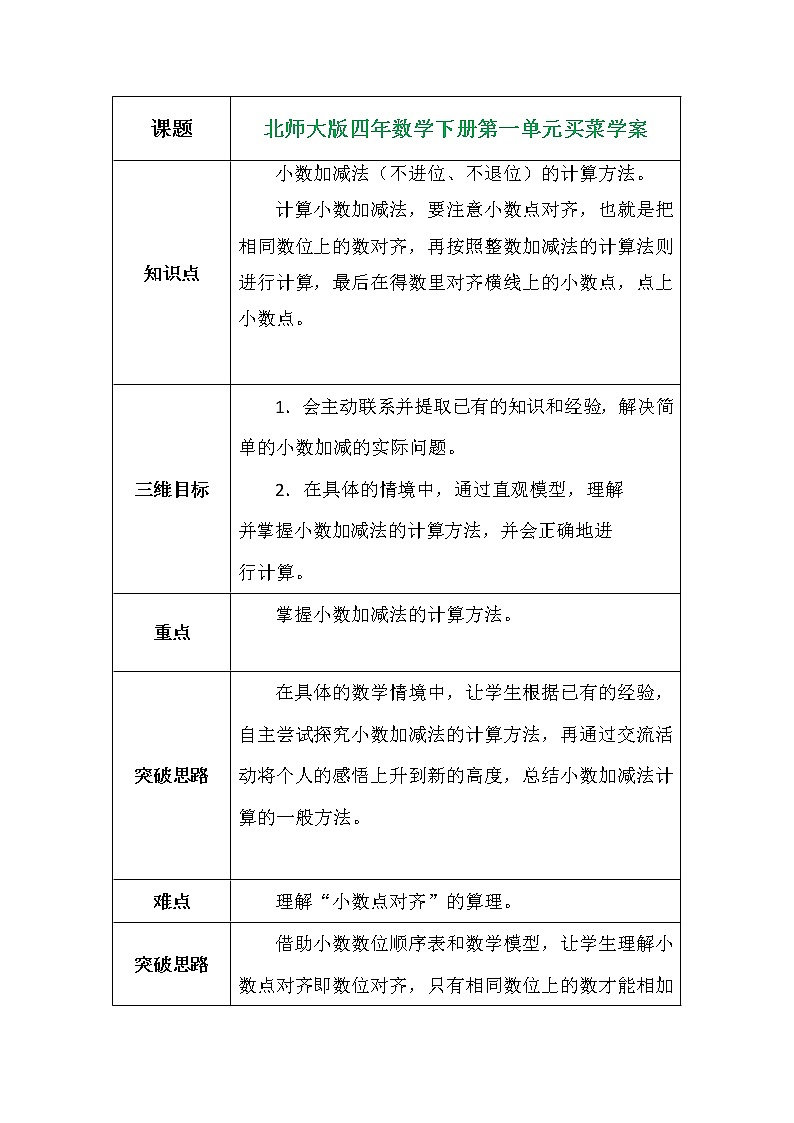 北师大版四年数学下册第一单元买菜学案01