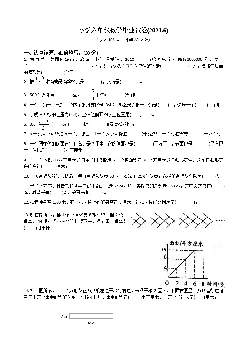 小学六年级数学毕业试卷(2021.6)第1页