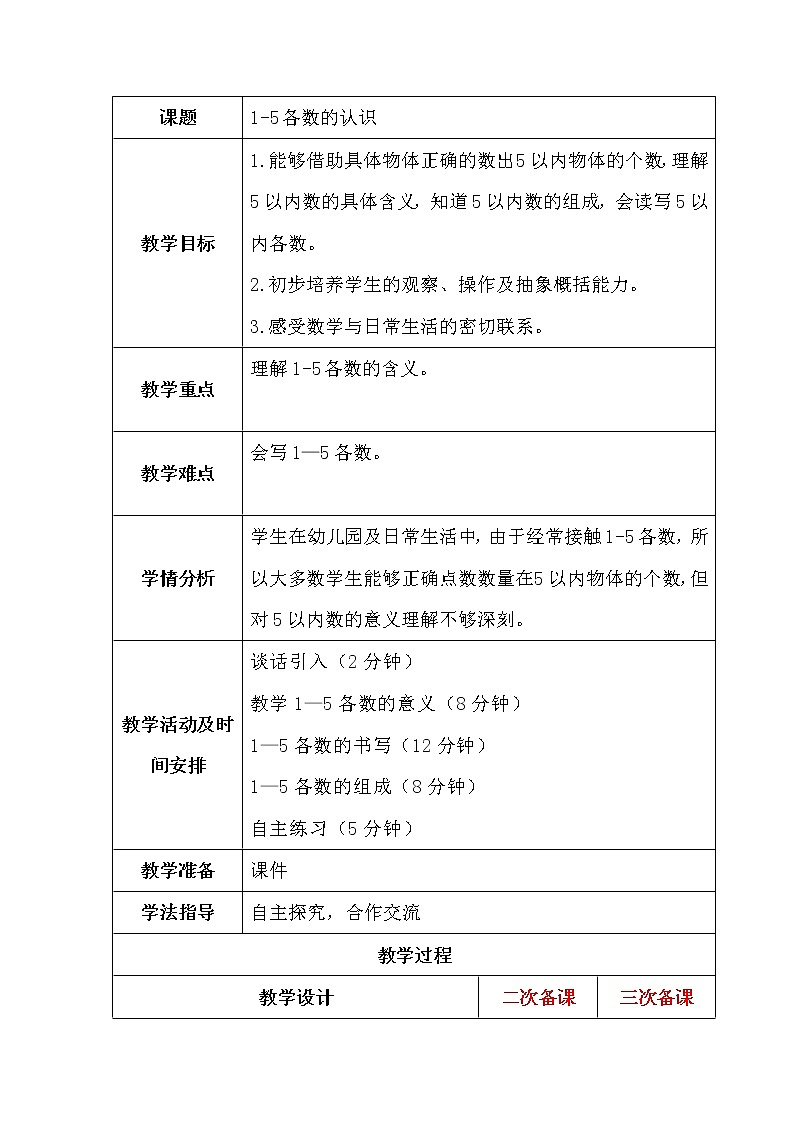 青岛版 (五四制) 一年级上册第一单元第1课时《1-5各数的认识》教案01