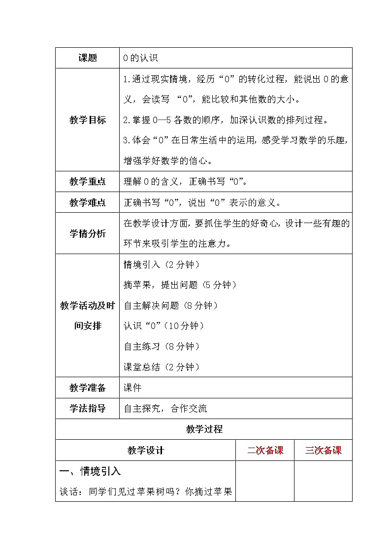 青岛版 (五四制) 一年级上册 第一单元第2课时《0的认识》教案01