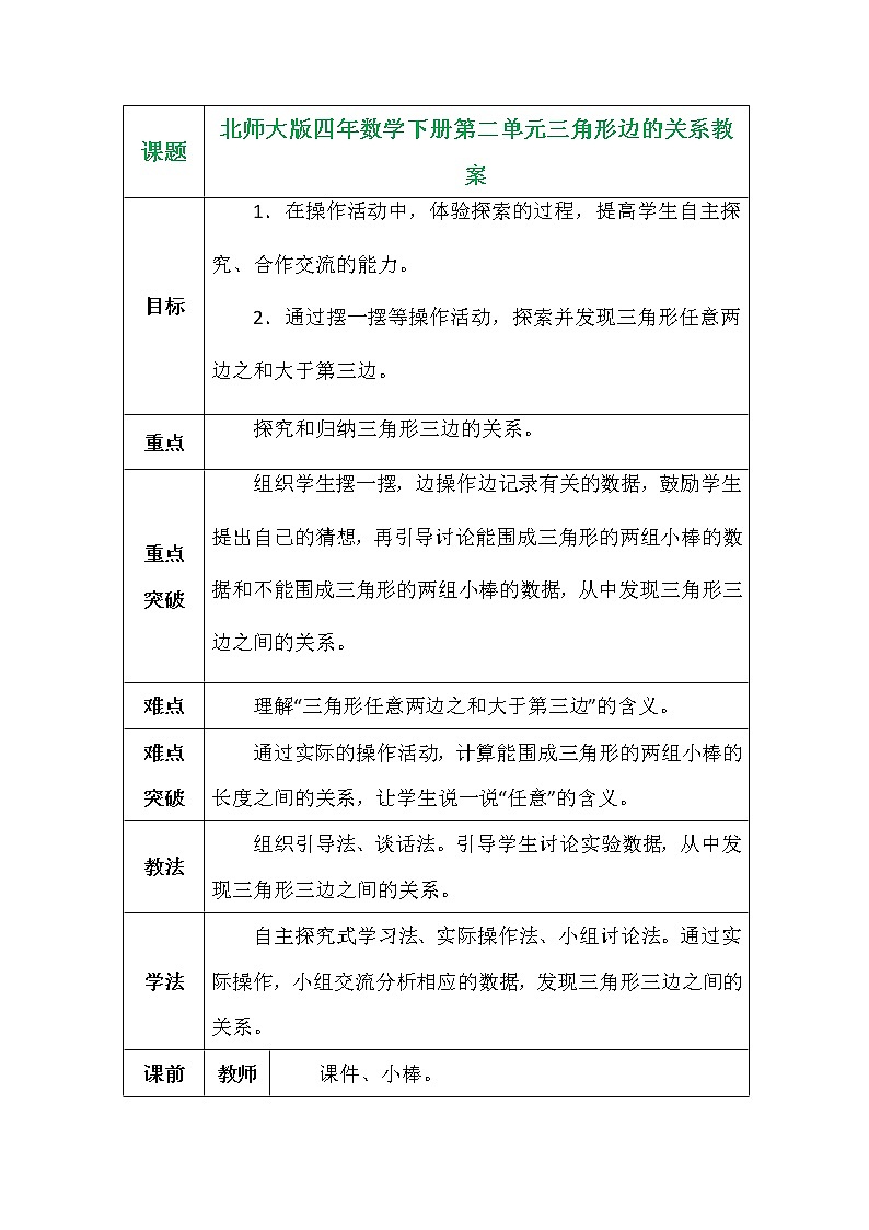 北师大版四年数学下册第二单元三角形边的关系教案第1页