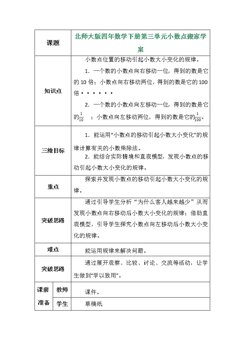 北师大版四年数学下册第三单元小数点搬家学案01