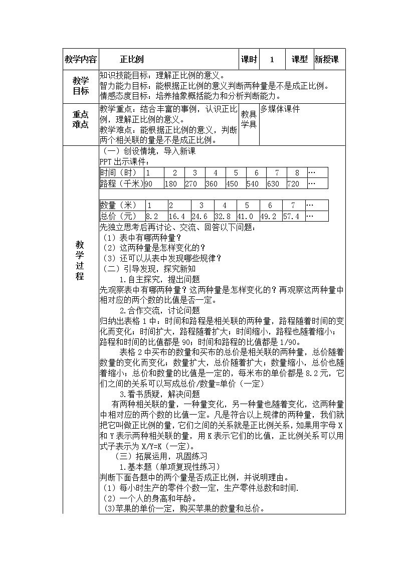 西师大版六年级下册数学 3.2正比例 教案第1页