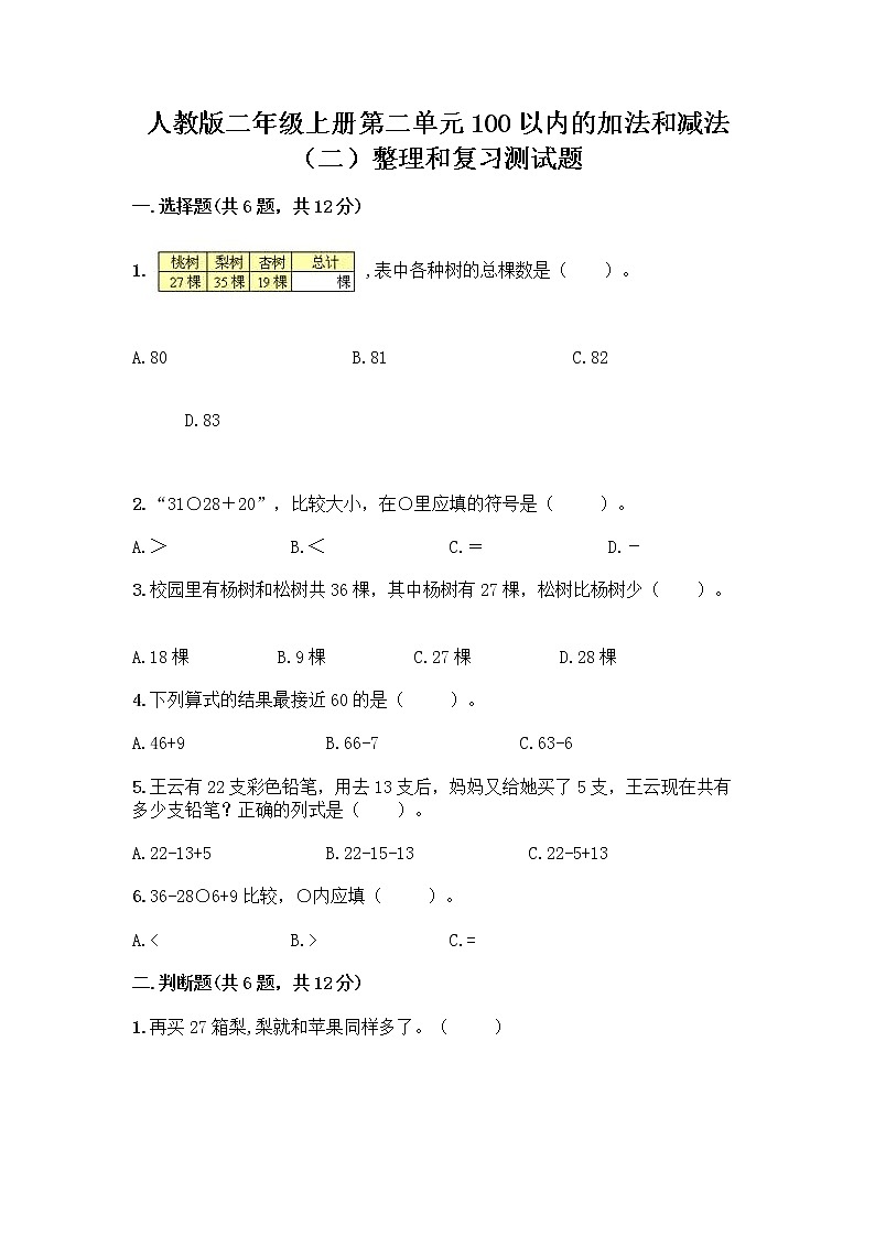 人教版二年级上册第二单元100以内的加法和减法（二）整理和复习测试题带完整答案（夺冠）01
