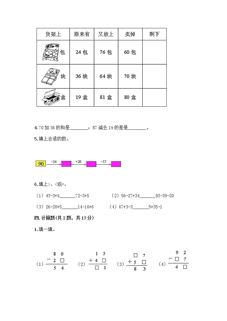 人教版二年级上册第二单元100以内的加法和减法（二）整理和复习测试题及答案（夺冠系列）第3页