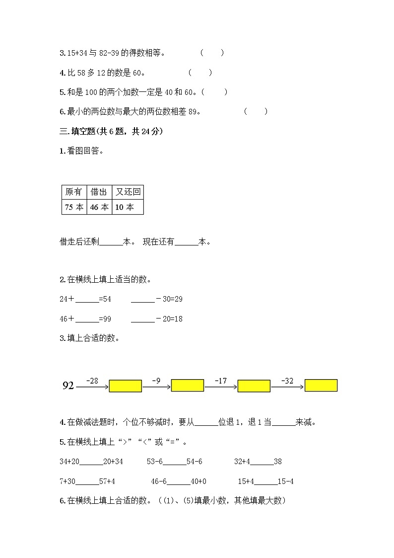 人教版二年级上册第二单元100以内的加法和减法（二）整理和复习测试题及精品答案第2页