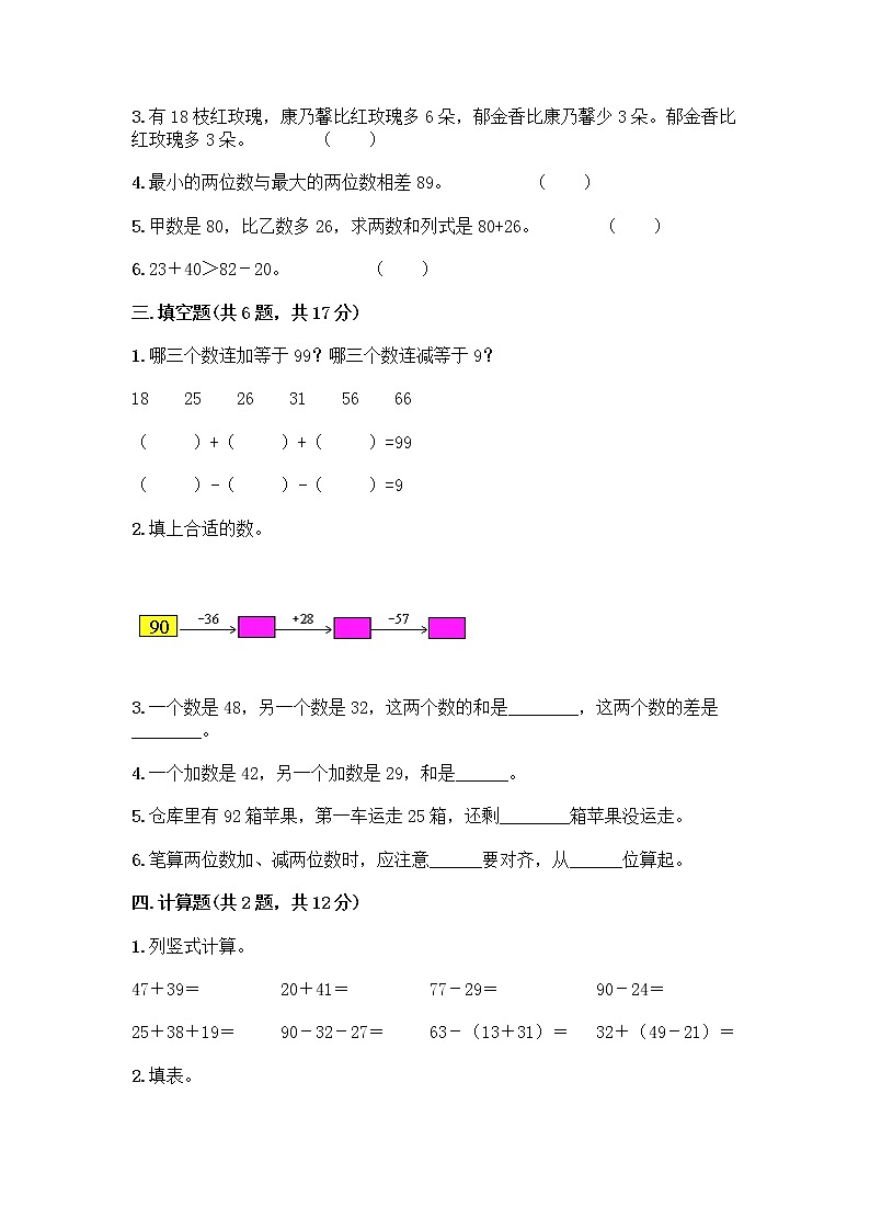人教版二年级上册第二单元100以内的加法和减法（二）整理和复习测试题精品02
