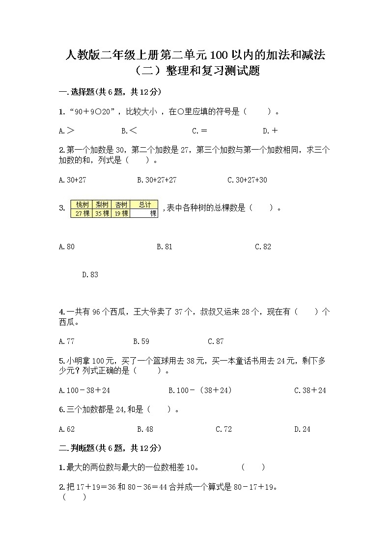 人教版二年级上册第二单元100以内的加法和减法（二）整理和复习测试题及答案【夺冠】01
