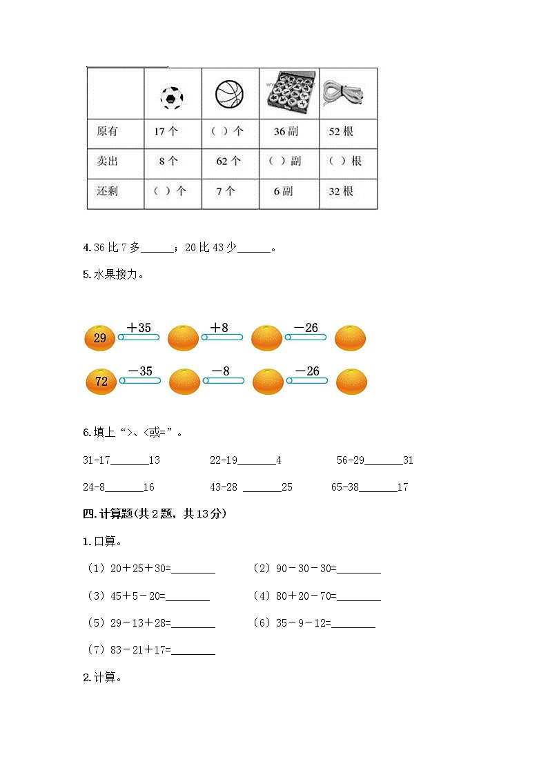 人教版二年级上册第二单元100以内的加法和减法（二）整理和复习测试题【精练】03
