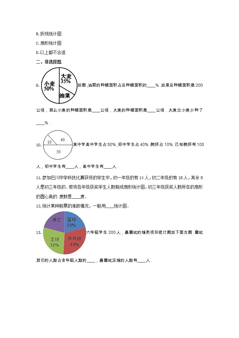 六年级数学下册试题 -《四 扇形统计图》单元测试    西师大版（含答案） (1)03