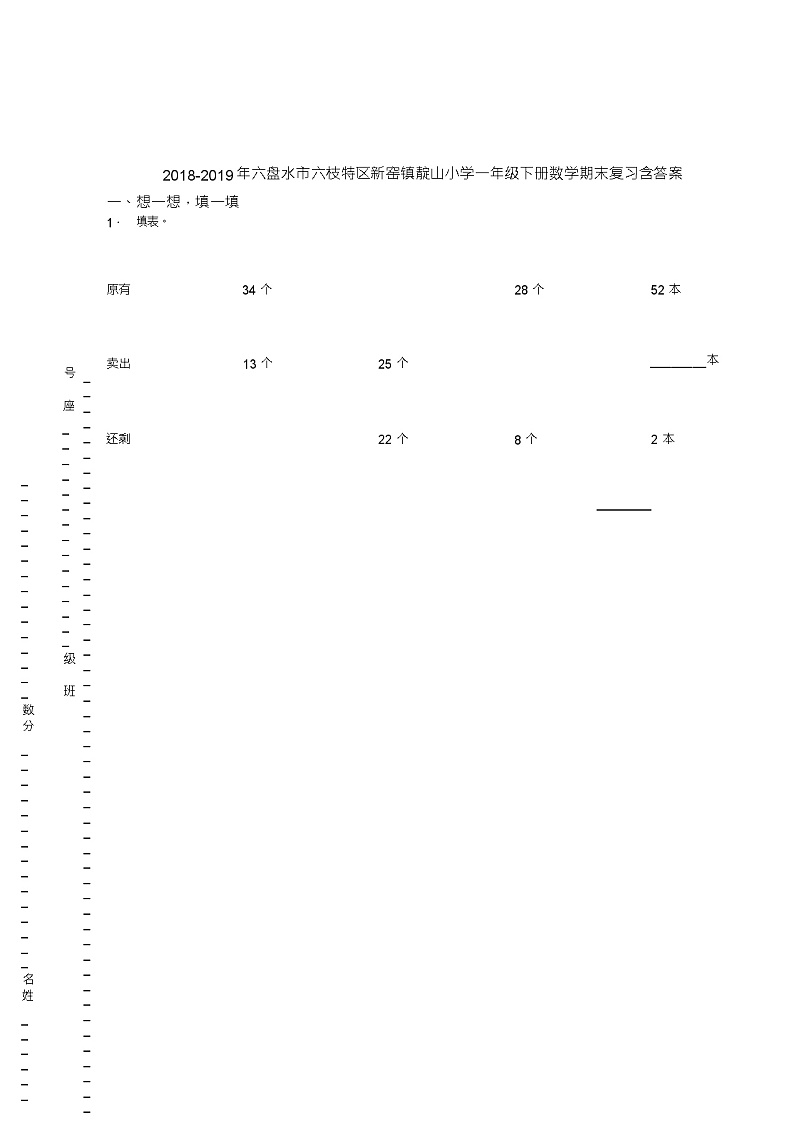 2018-2019年六盘水市六枝特区新窑镇靛山小学一年级下册数学期末复习含答案第1页