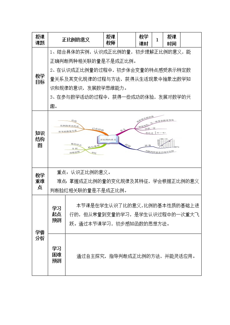 苏教版六下数学 6.1正比例的意义 教案01