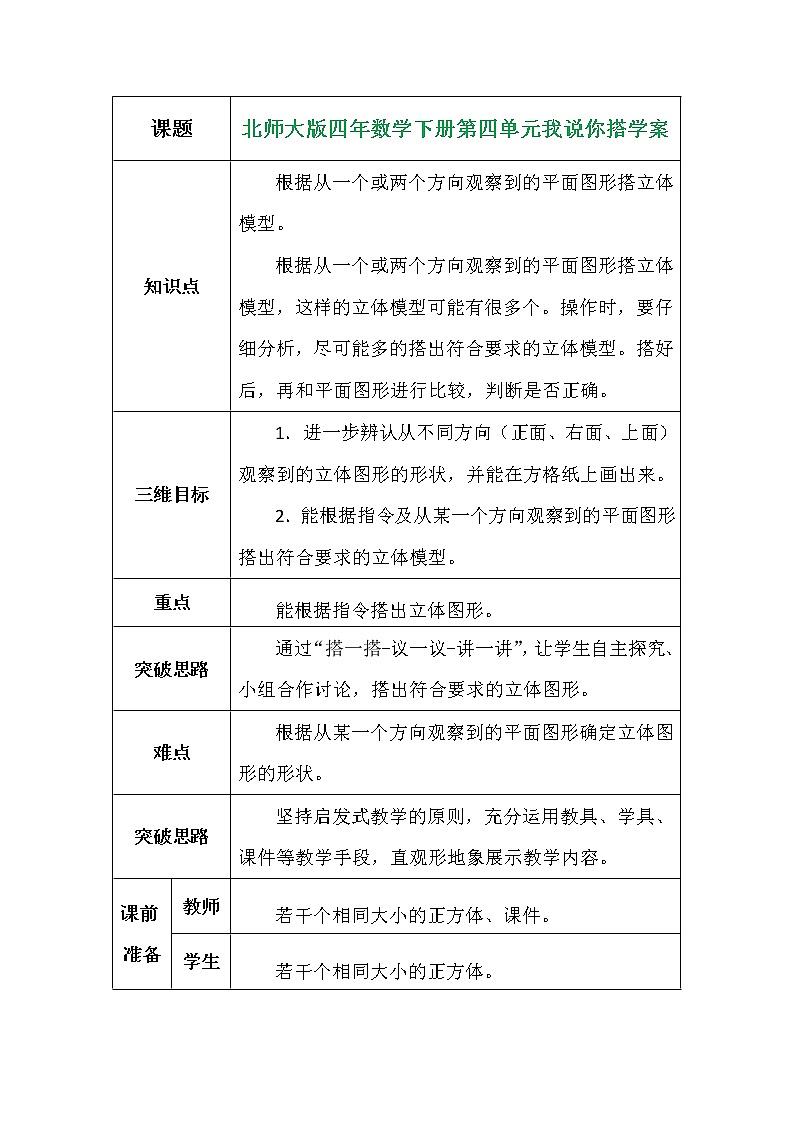 北师大版四年数学下册第四单元我说你搭学案01