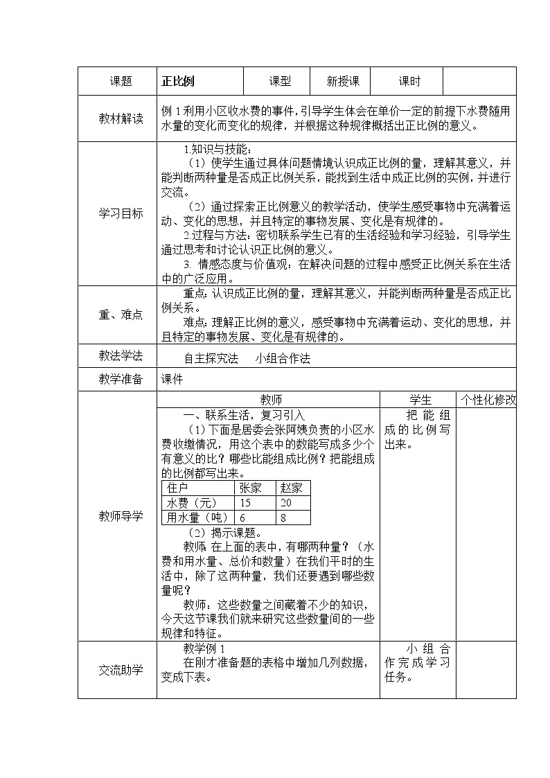 西师大版六年级下册数学 3.2正比例 教案第1页