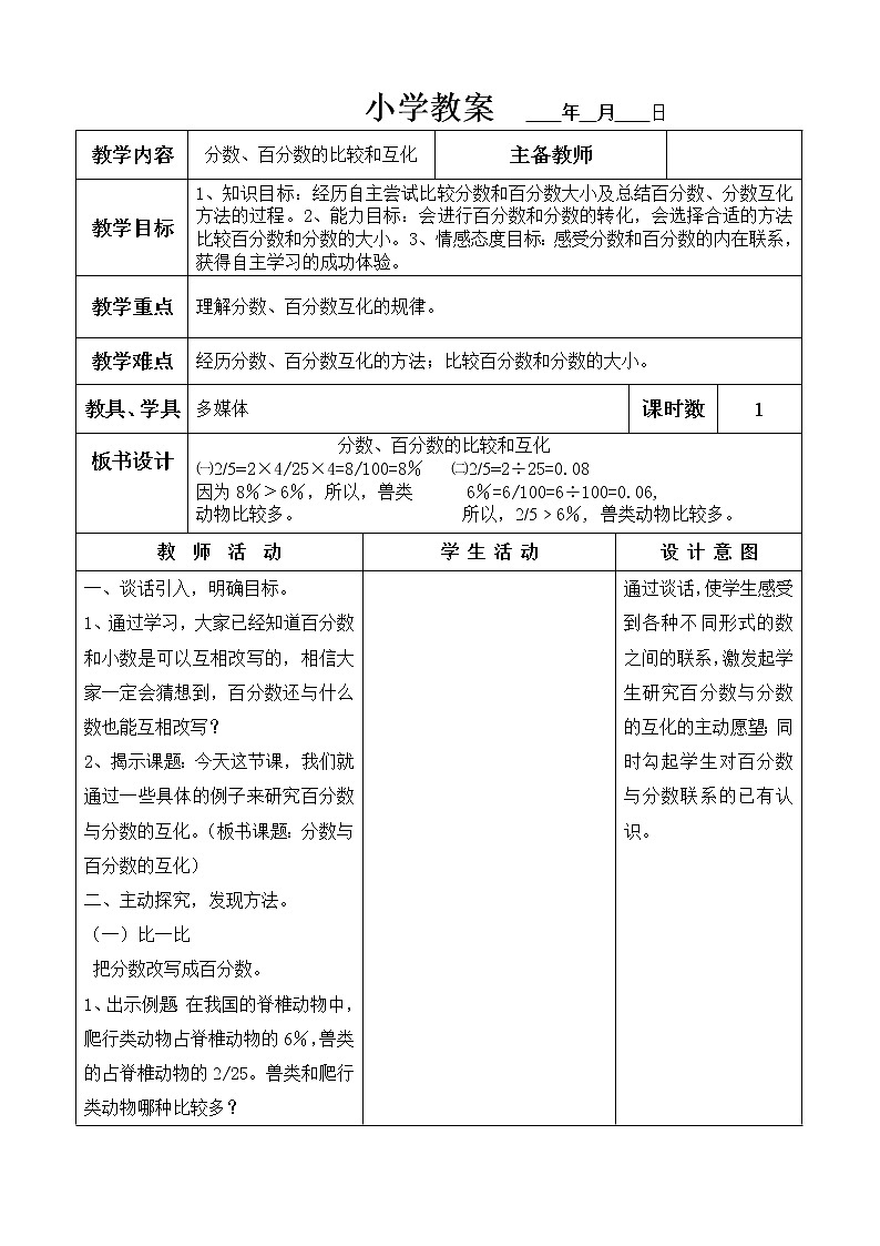 六年级上册数学教案 - 分数百分数的比较和互化    冀教版第1页