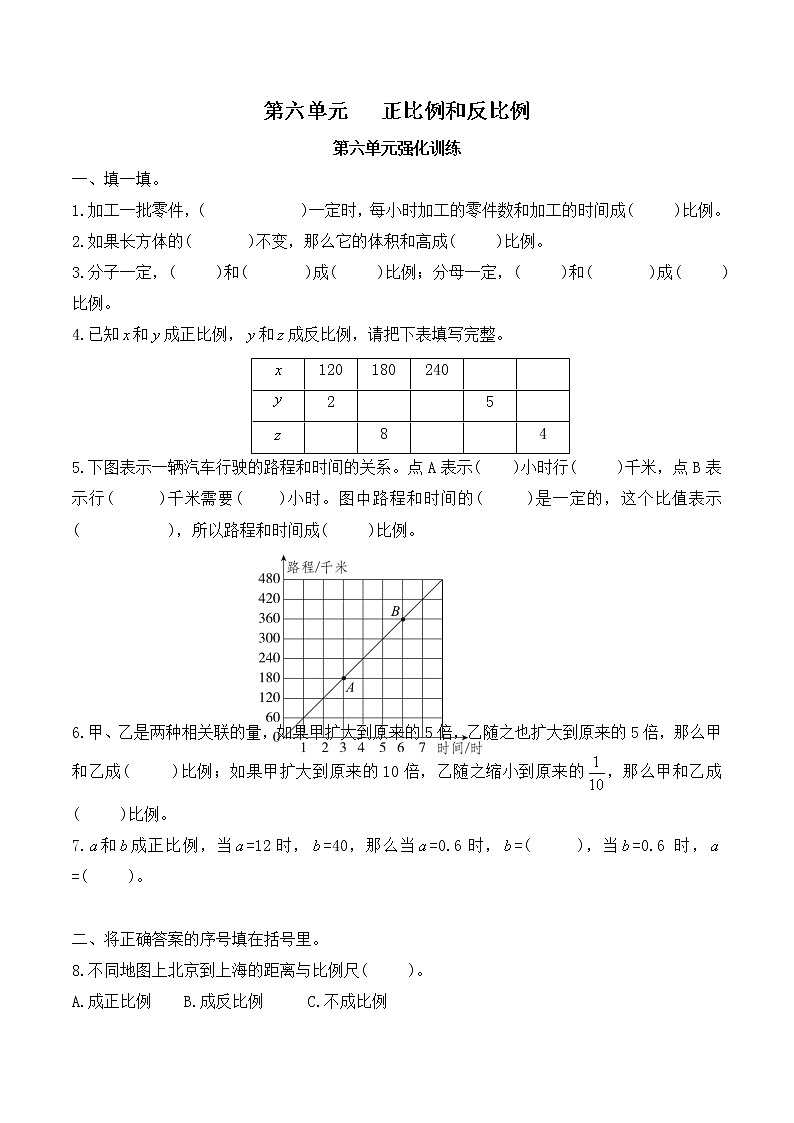 【单元测】苏教版小学数学六年级下册 第六单元 正比例和反比例-强化训练（含答案）第1页